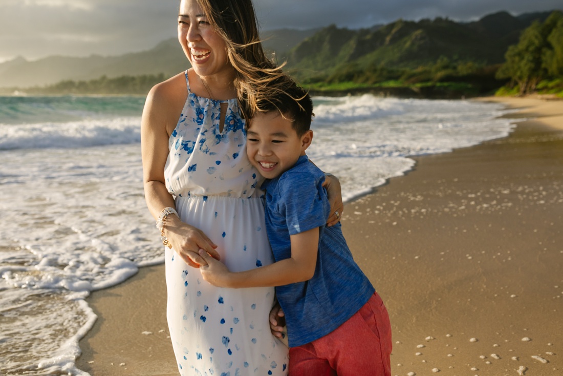 mom and son portrait at laie beach park in oahu