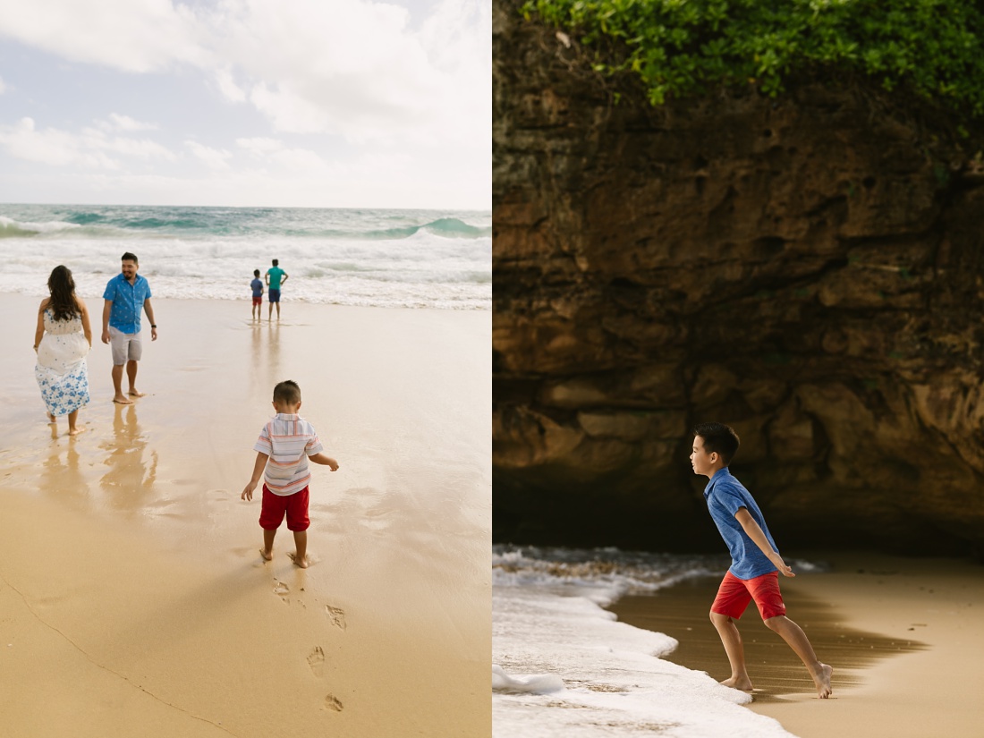 family plays along the shore at laie beach park during a photoshoot