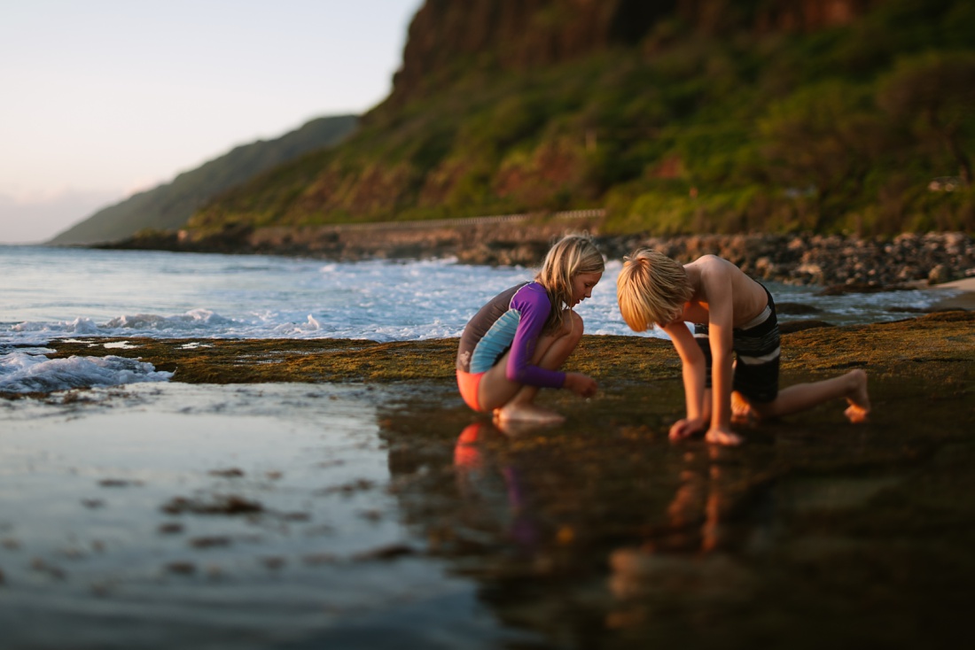 siblings exploring hawaii tidepools at sunset