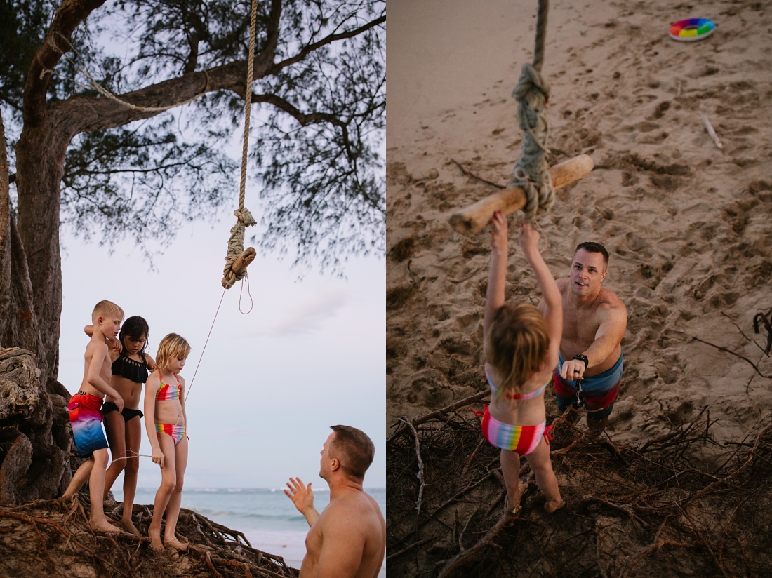 kids take turns on a rope swing during a Hawaii Family Adventure Session photoshoot