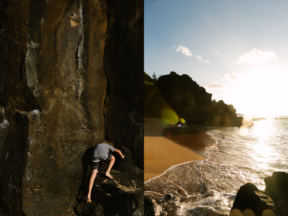 climbing the cliffs at Waimea Bay near sunset on the north shore of Oahu