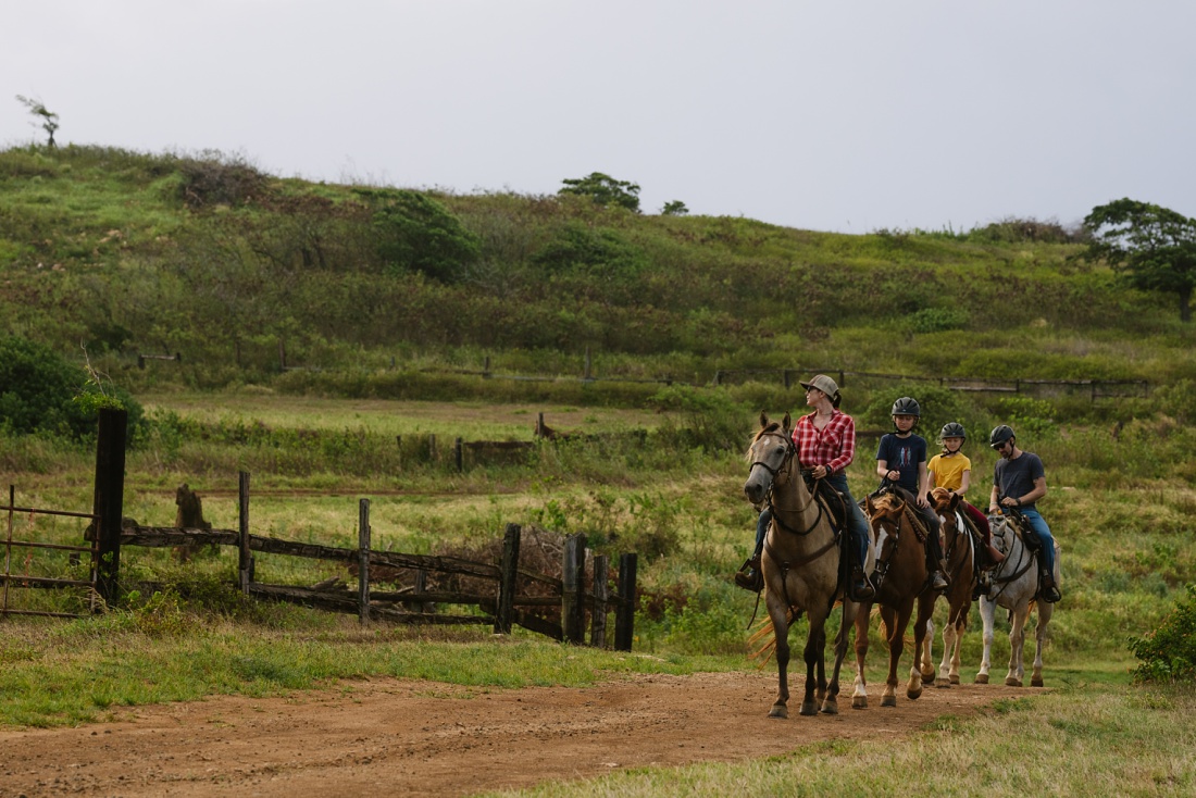 a group heads out for a horseback trail ride at gunstock ranch oahu