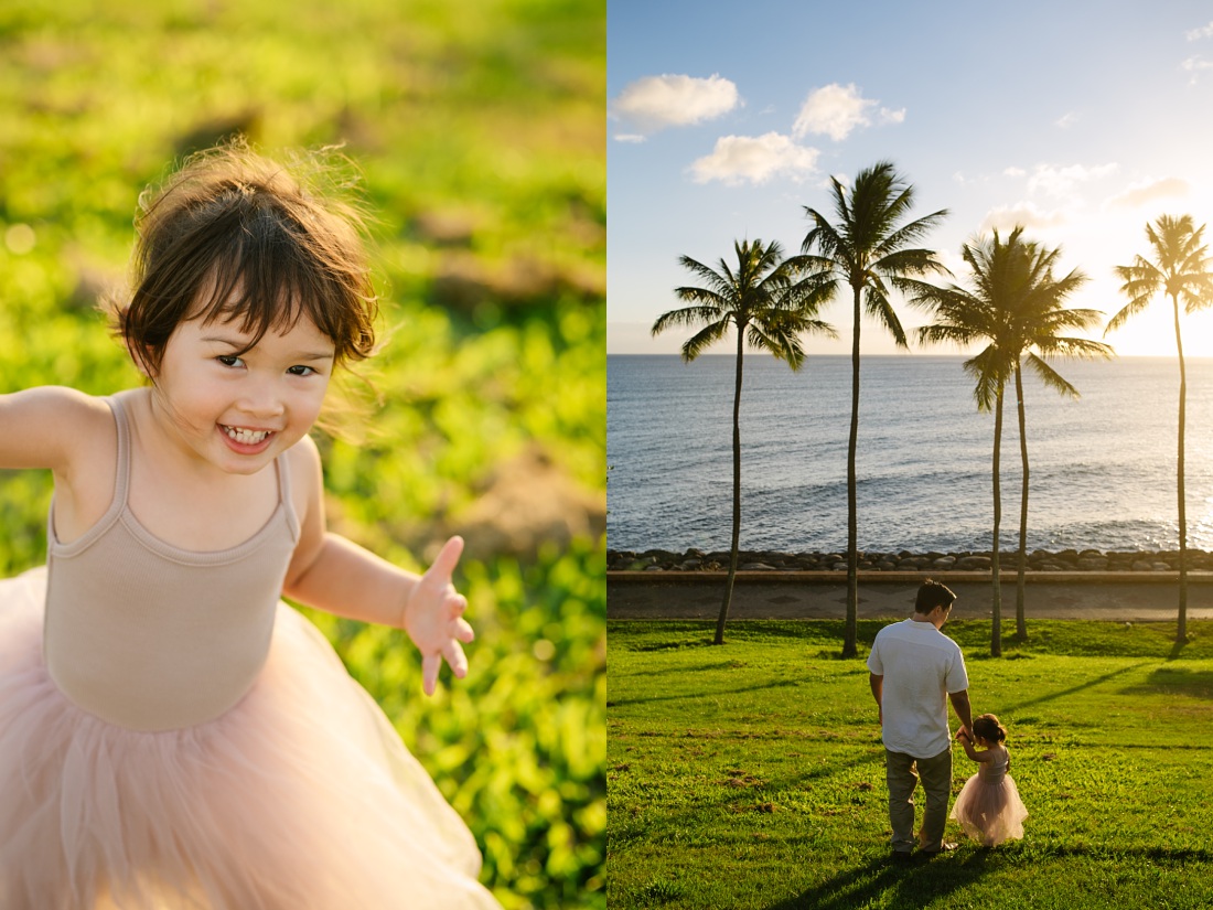 dad and daughter play at kakaako park in honolulu at sunset