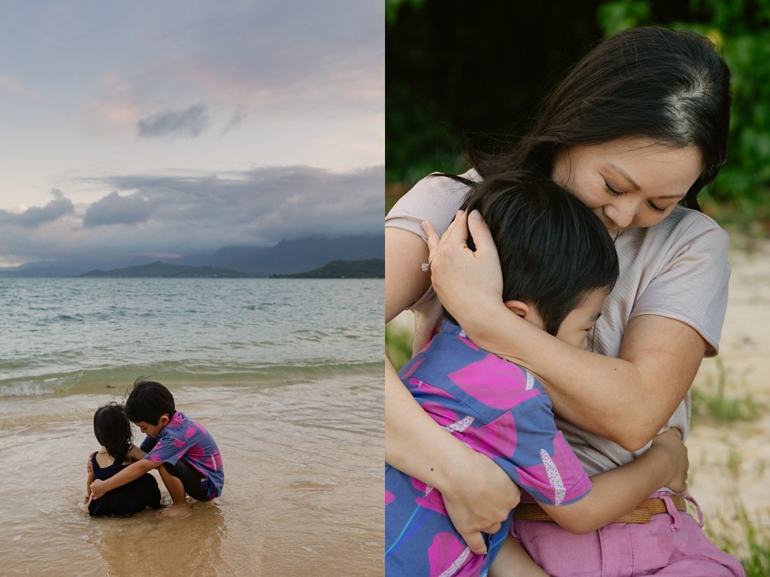 family snuggling during a sunset photo session in kaneohe bay oahu