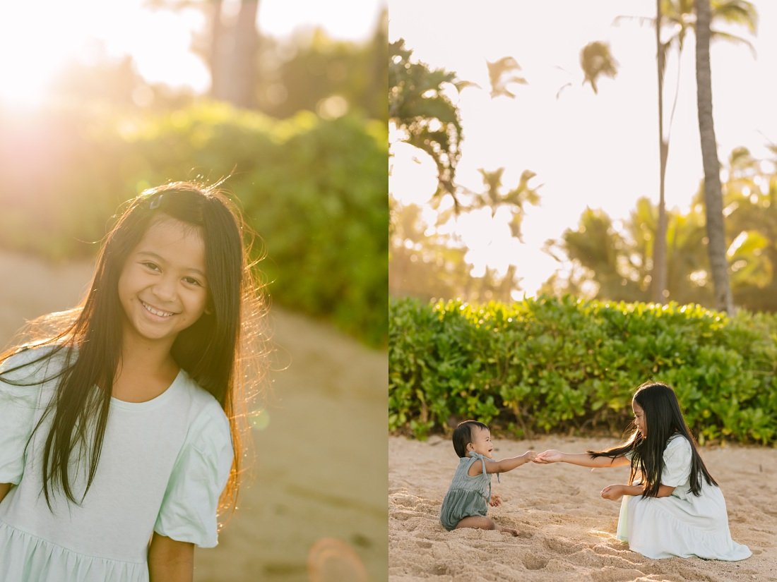 siblings playing on the beach in hawaii during a family photoshoot at koolina
