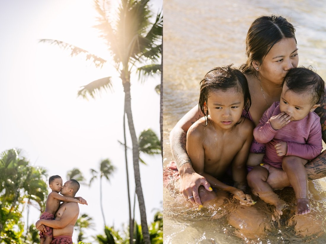 mom cuddles kids in the water after a long morning at the beach