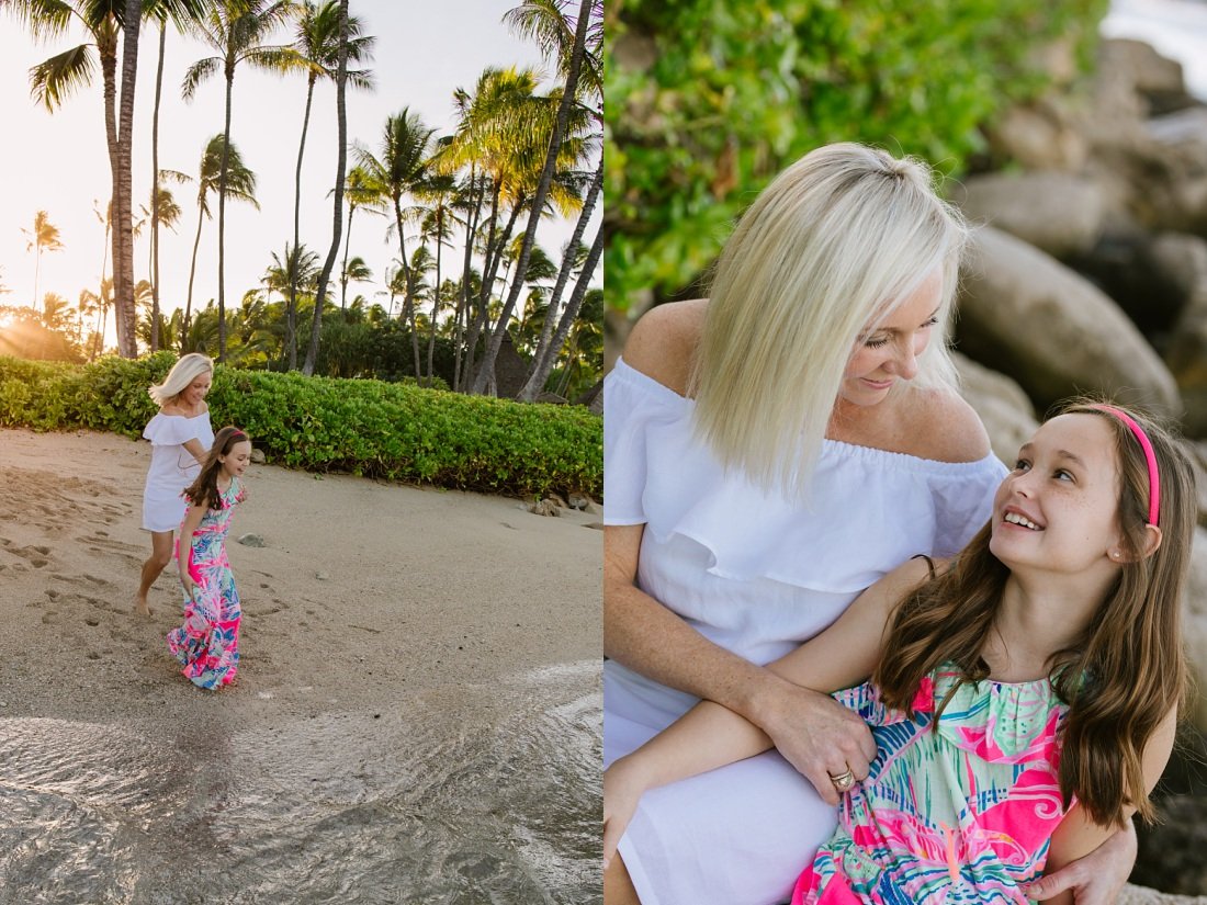 mom and daughter playing at the beach during a fun family photo session in koolina