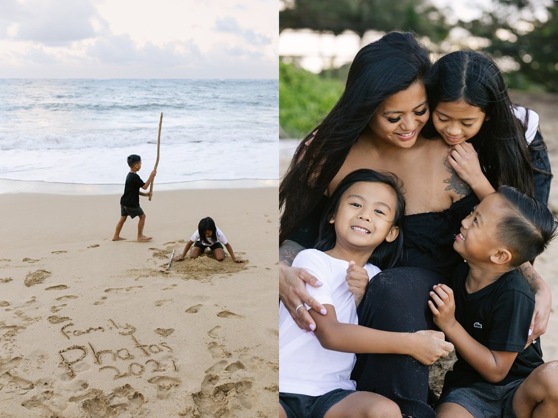 kids snuggle mom during a photoshoot in oahu