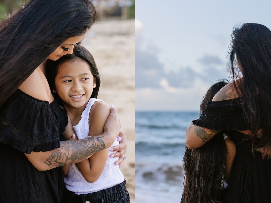mom snuggles tween daughter during an evening photo session in oahu hawaii