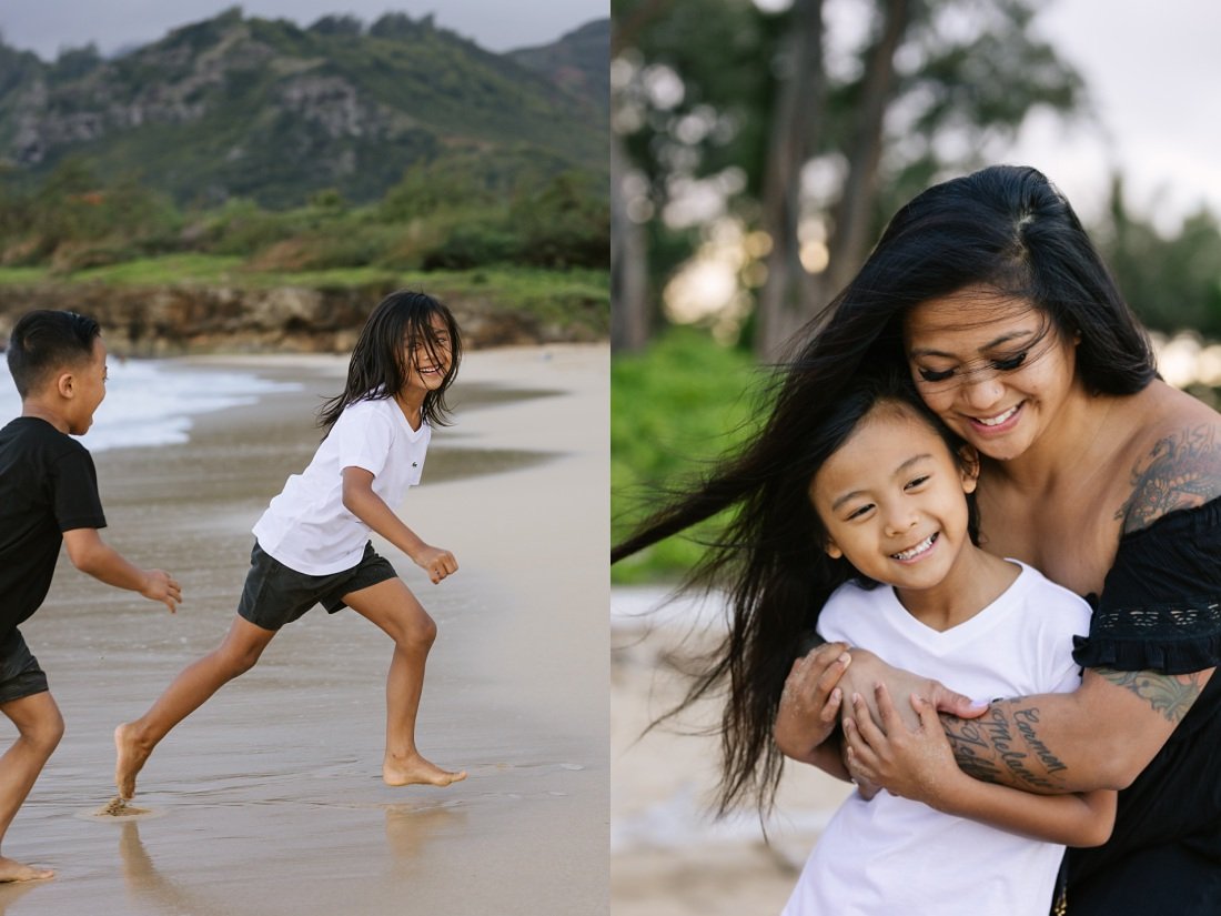 mom snuggles son in the evening at laie beach park