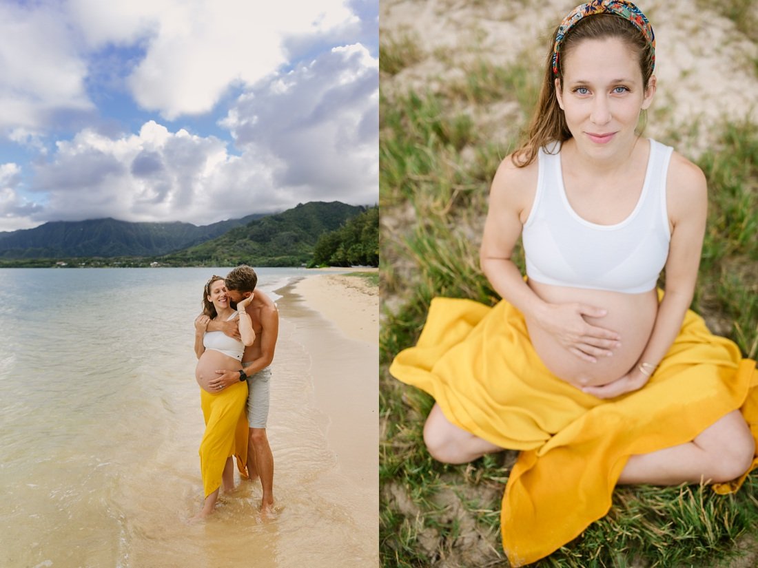 maternity portrait at the beach for woman in a yellow skirt