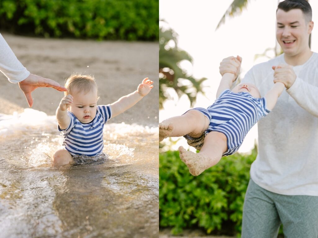dad swings toddler son at the beach