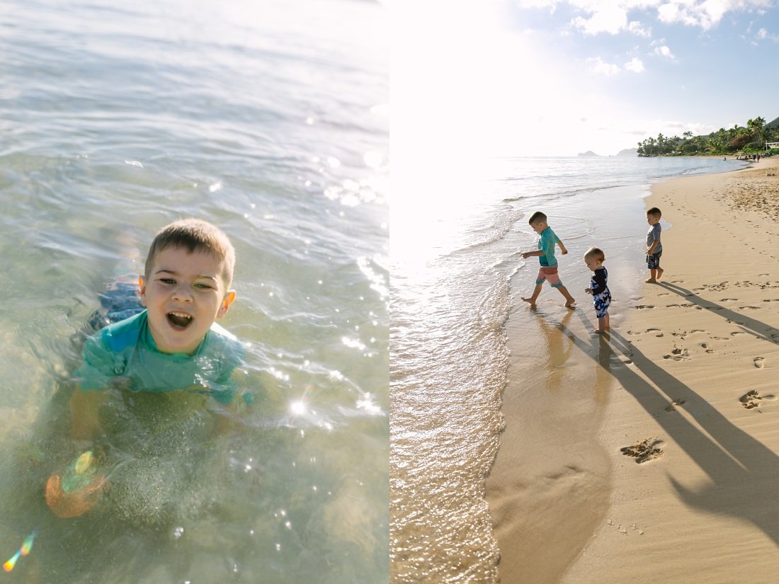 3 sibling boys playing at lanikai beach