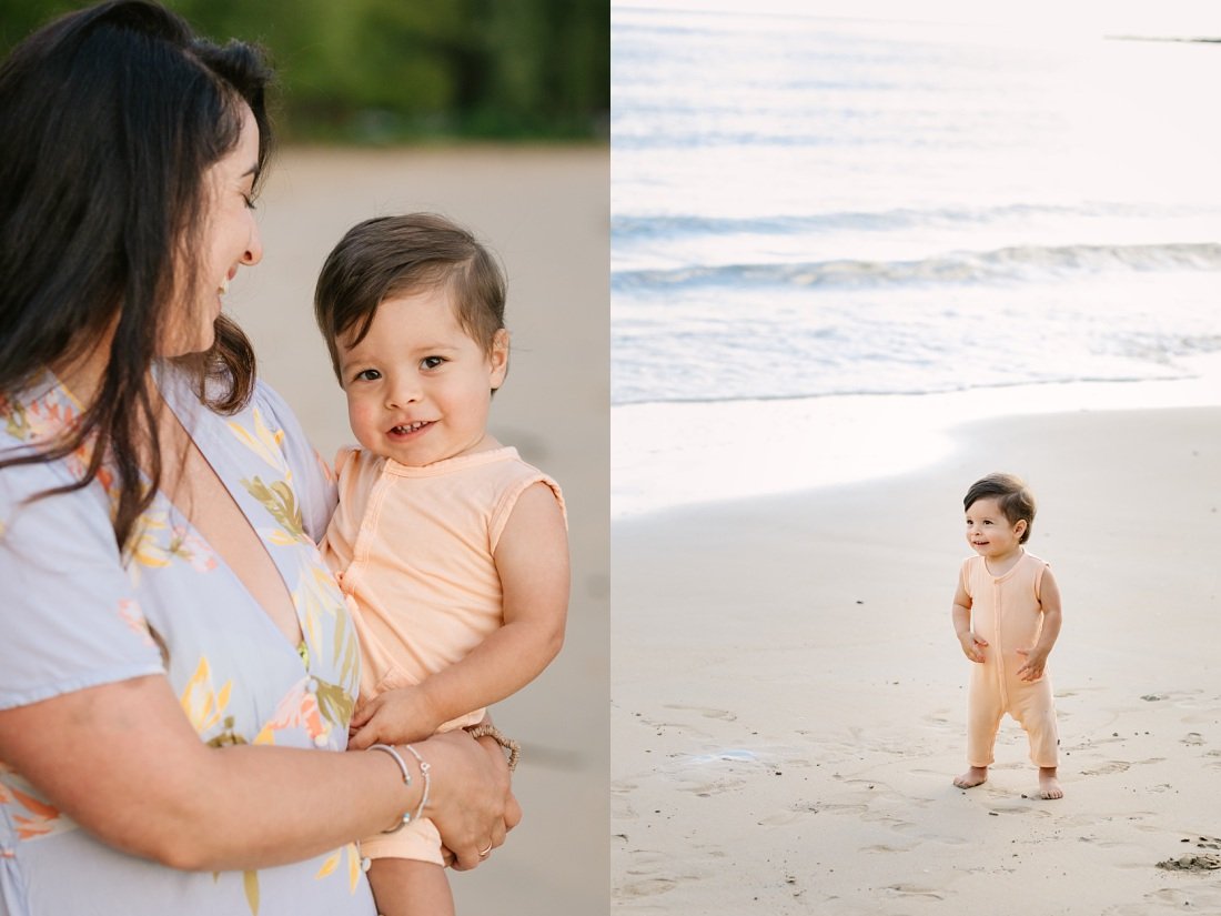 mom and baby play on the beach for Hawaii family beach portraits