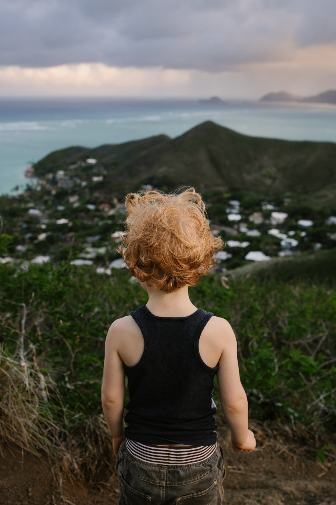 boy examining the view from the top of the lanikai pillbox hike oahu