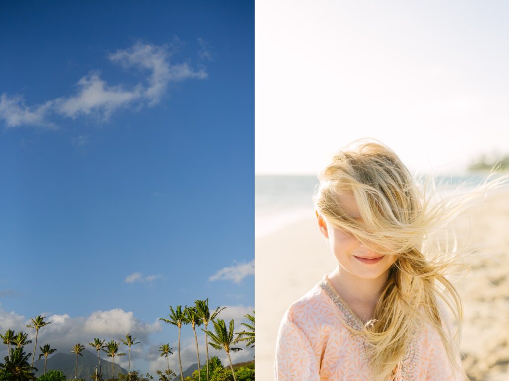 portrait of a girl with hair covering her eyes on a windy day in hawaii