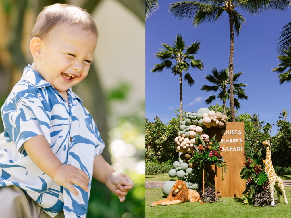 safari themed backdrop and birthday boy in hawaii