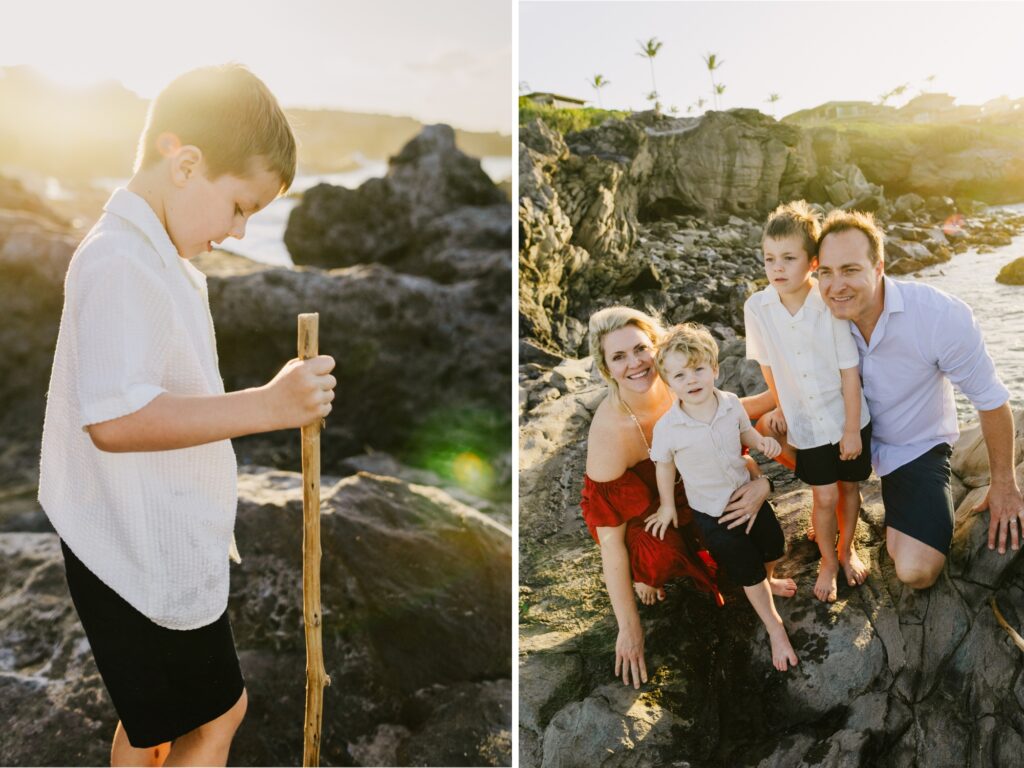 family of 4 poses on the cliffs of ironwoods beach for maui family photos