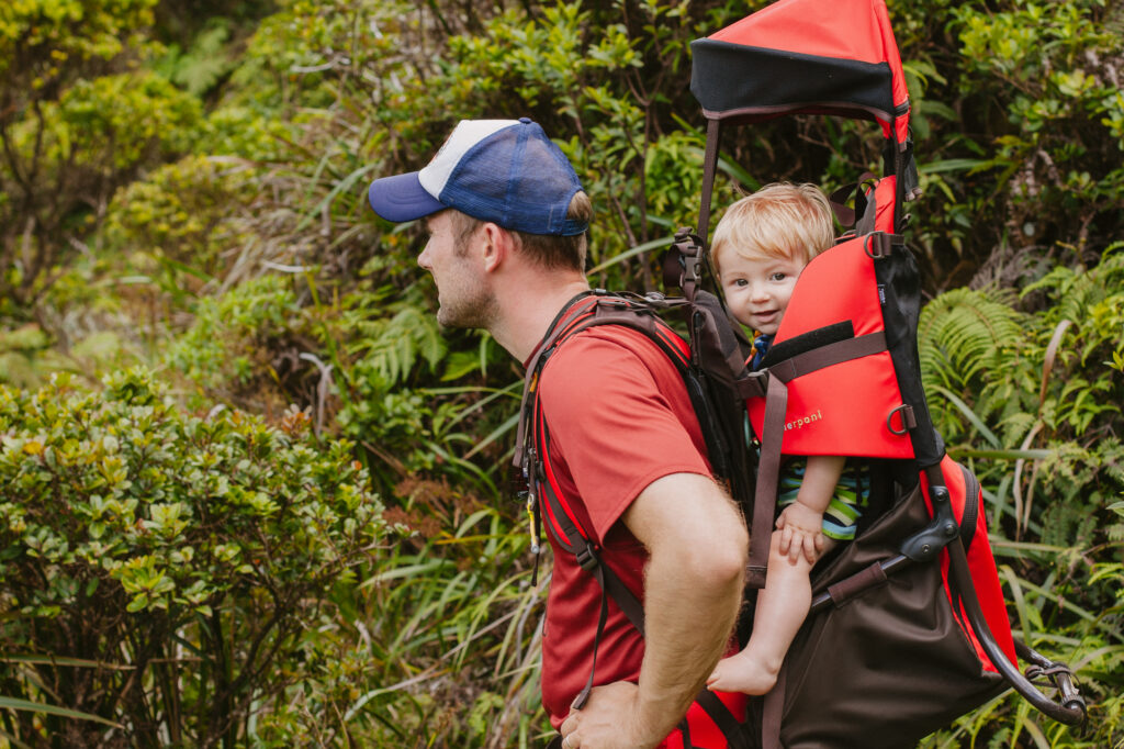 baby in a carrier along an oahu hike
